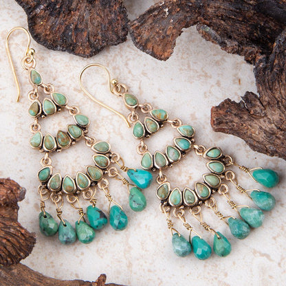 Triple the Blue Turquoise Golden Chandelier Earrings
