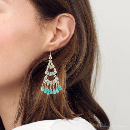 Triple the Blue Turquoise Golden Chandelier Earrings