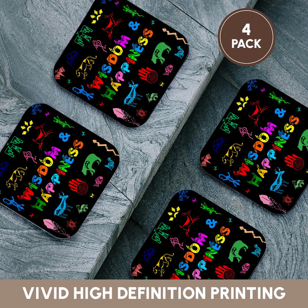 3dRose Alexis Design - Positive - Colorful Native American Symbols, Text Wisdom and Happiness on Black - Coasters