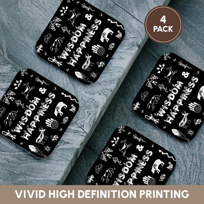 3dRose Alexis Design - Positive - Native American Symbols, Text Wisdom and Happiness White on Black - Coasters